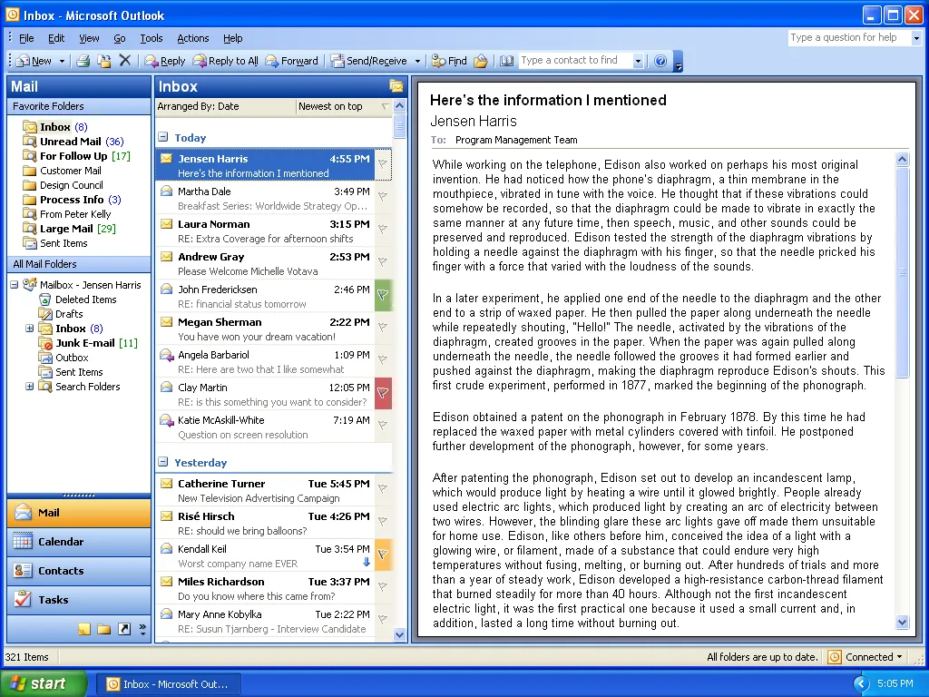 Microsoft Outlook 2003 three pane view